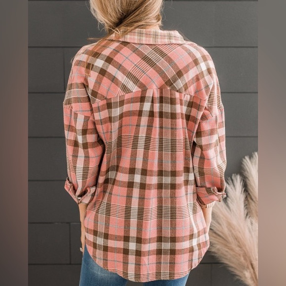 RESTOCKED Lightweight Spring Plaid Top, button down, pink/brown color pattern - Picture 10 of 15